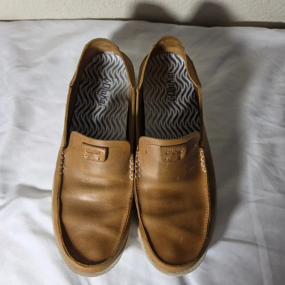 OluKai Kakaha Mens Leather Slip On Shoes Tan Brown Loafers 10490-FXFX Size 12